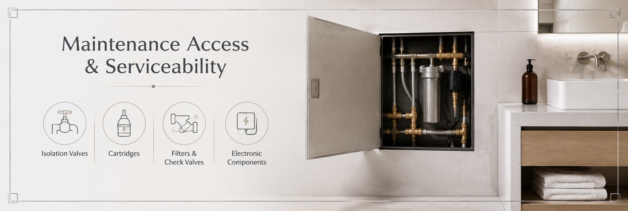 Hospitality bathroom fixture maintenance access for valves cartridges filters and plumbing connections