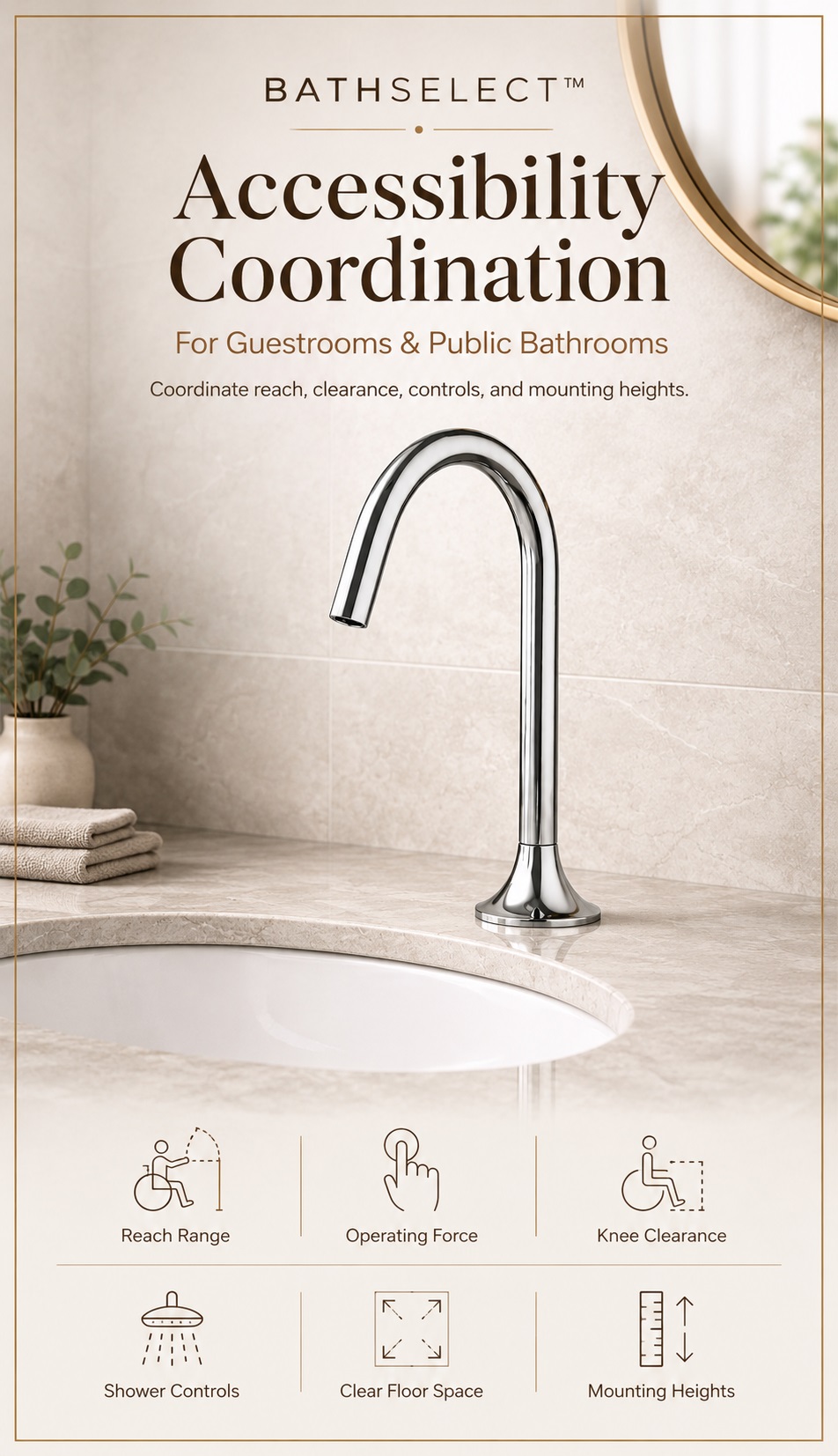 Accessible hospitality bathroom fixture layout and control coordination
