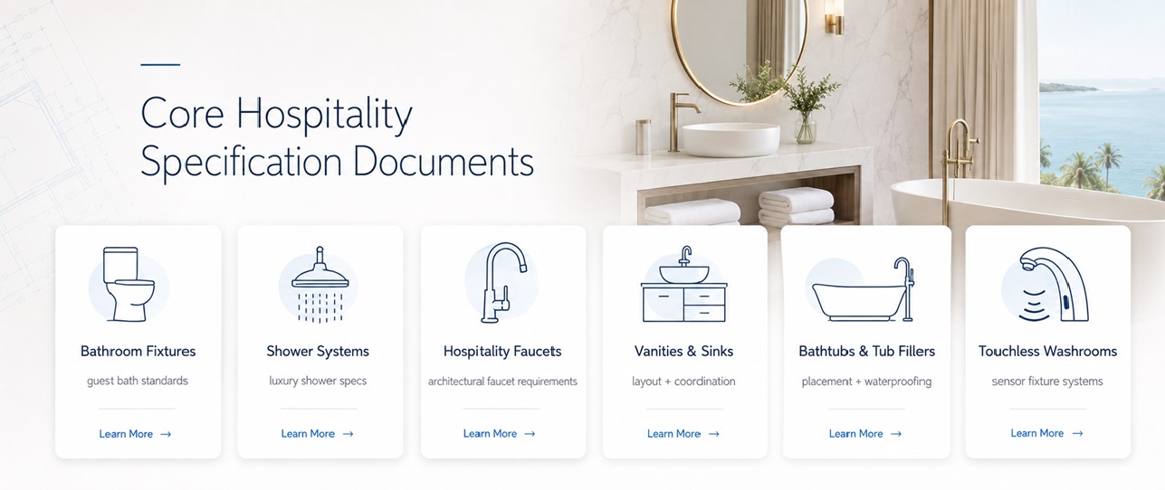 Luxury hotel bathroom products coordinated through a master specification library