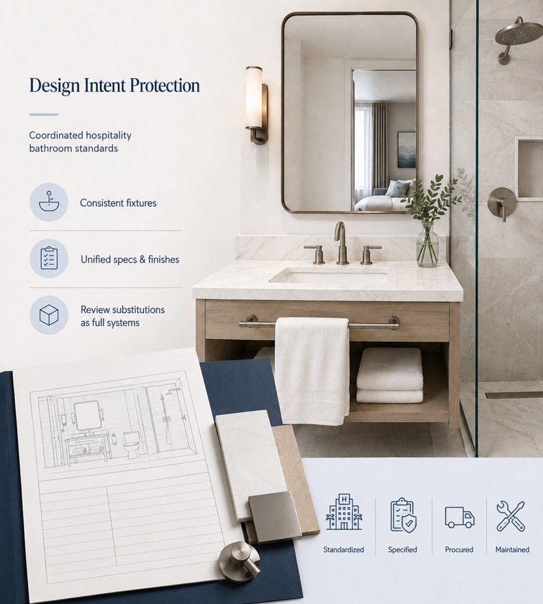 Coordinated hospitality bathroom finish and fixture design standard