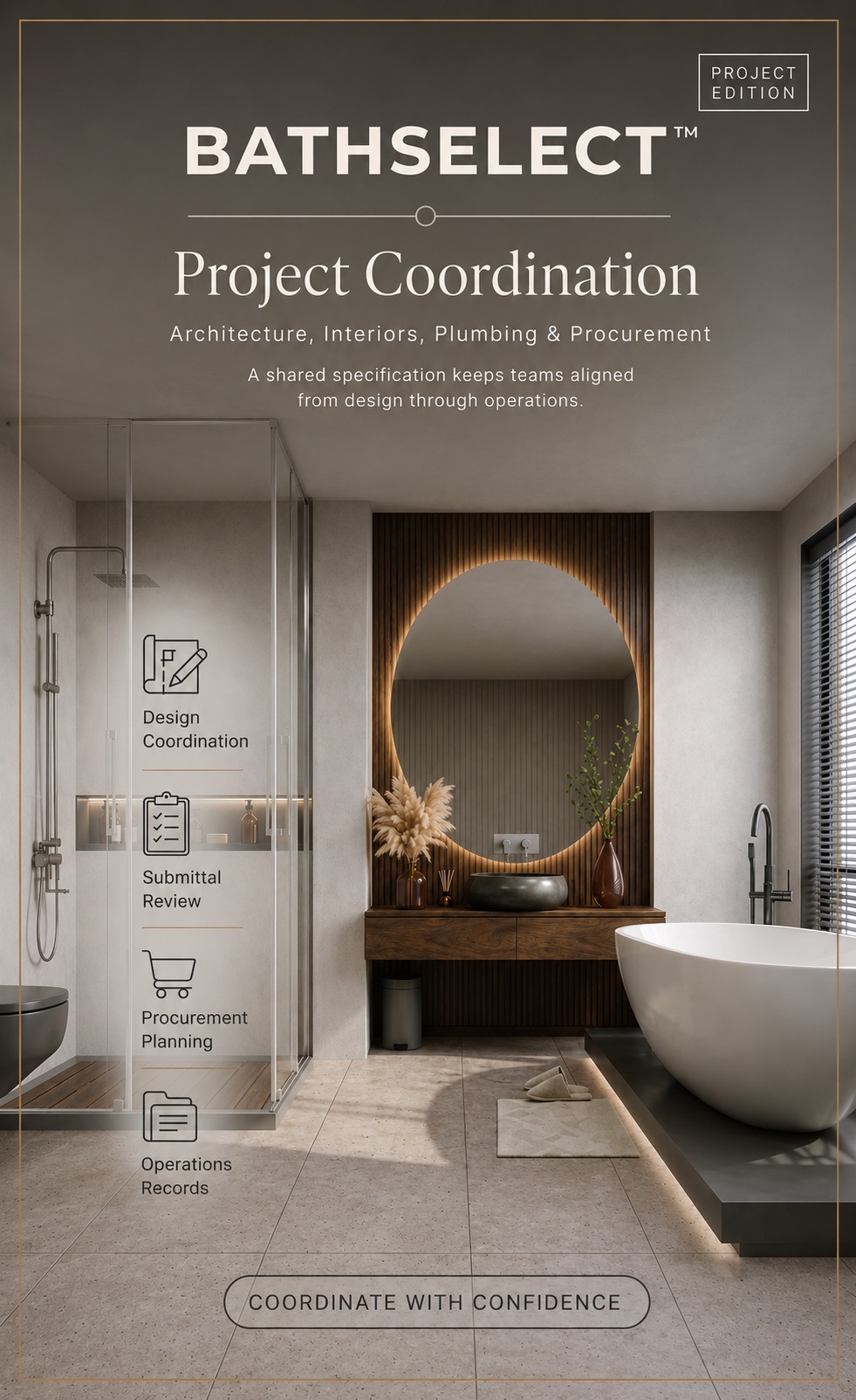Architectural and plumbing coordination for hospitality bathroom fixtures