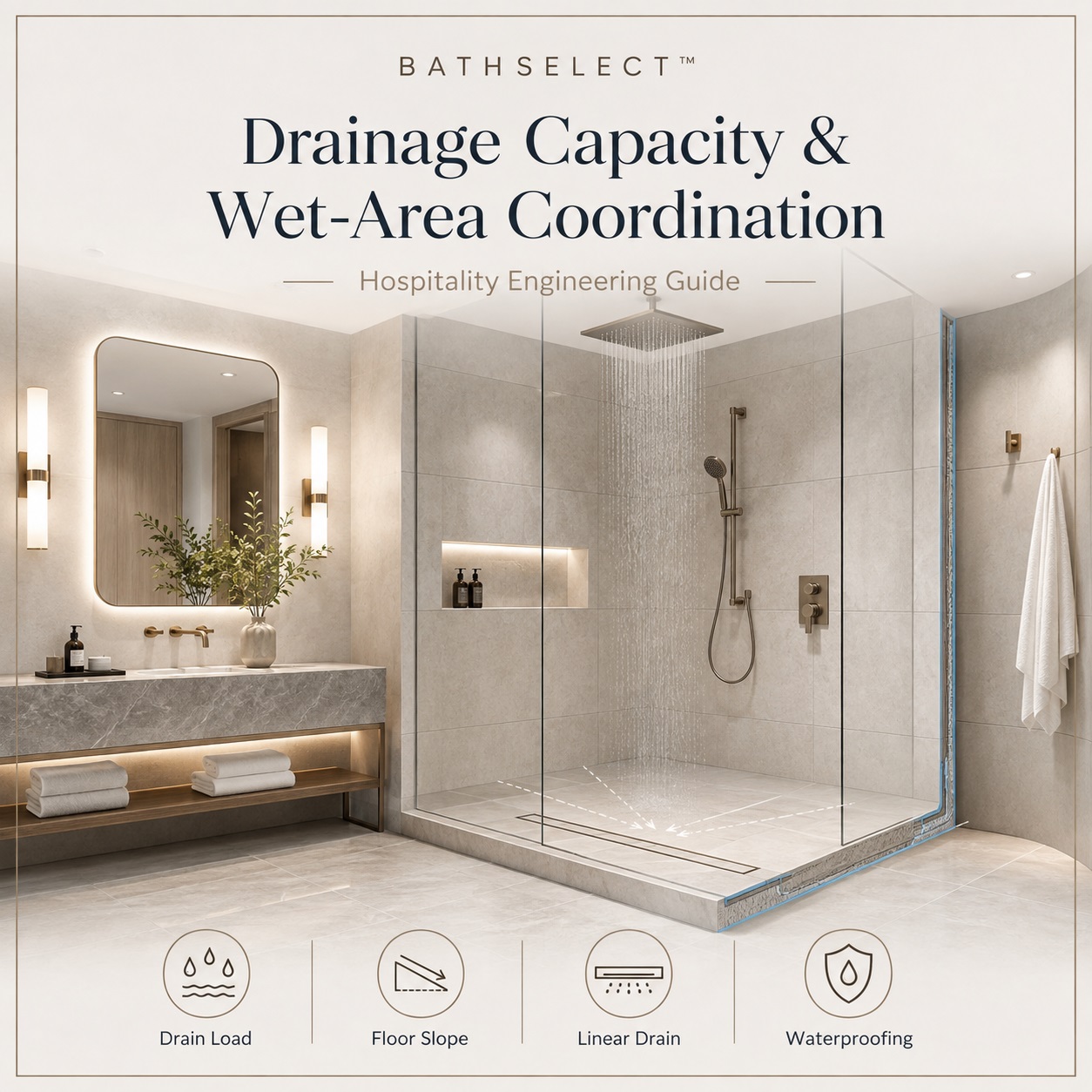 Luxury hotel shower drainage capacity floor slope and waterproofing coordination