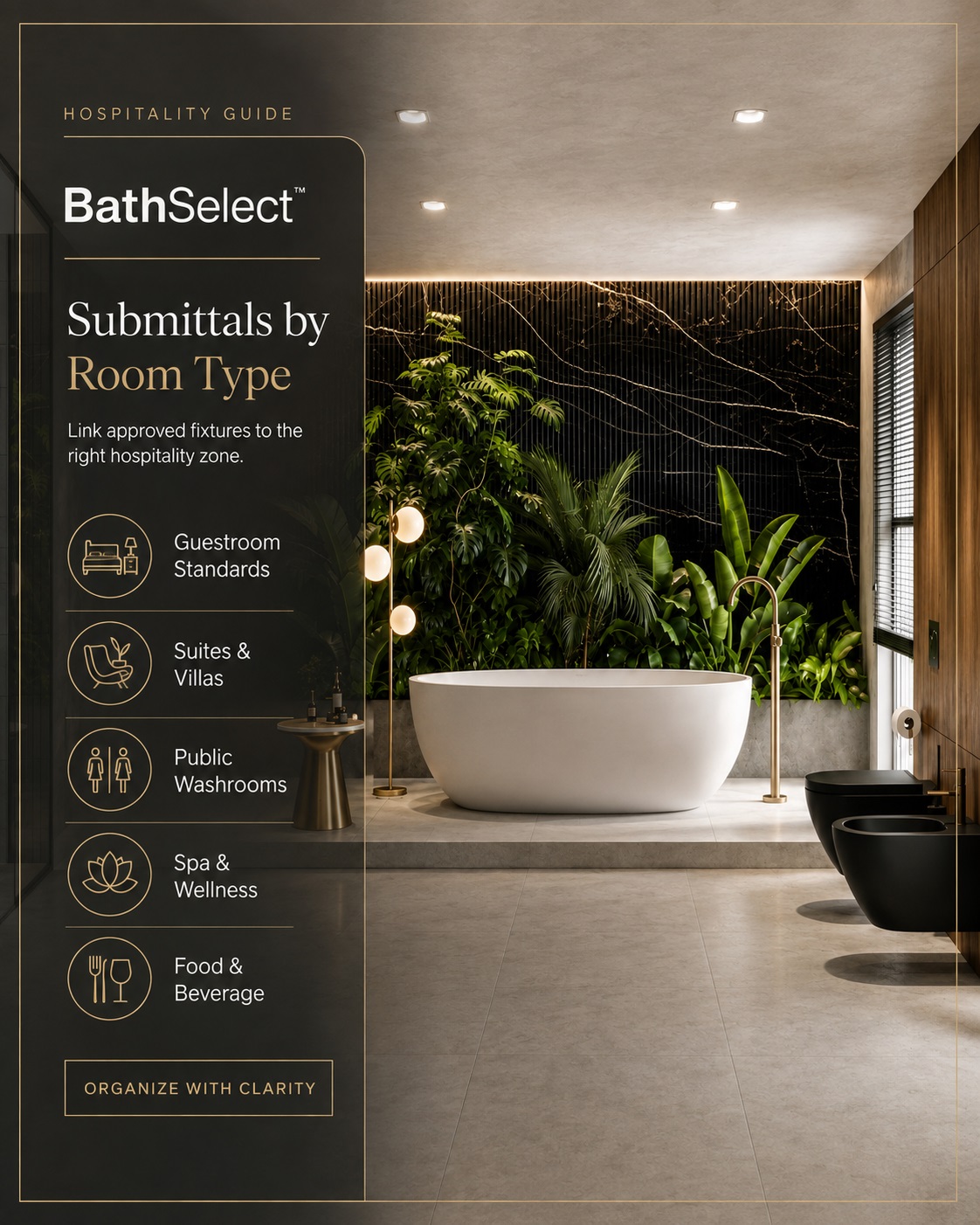 Hospitality bathroom fixture submittals organized by room type