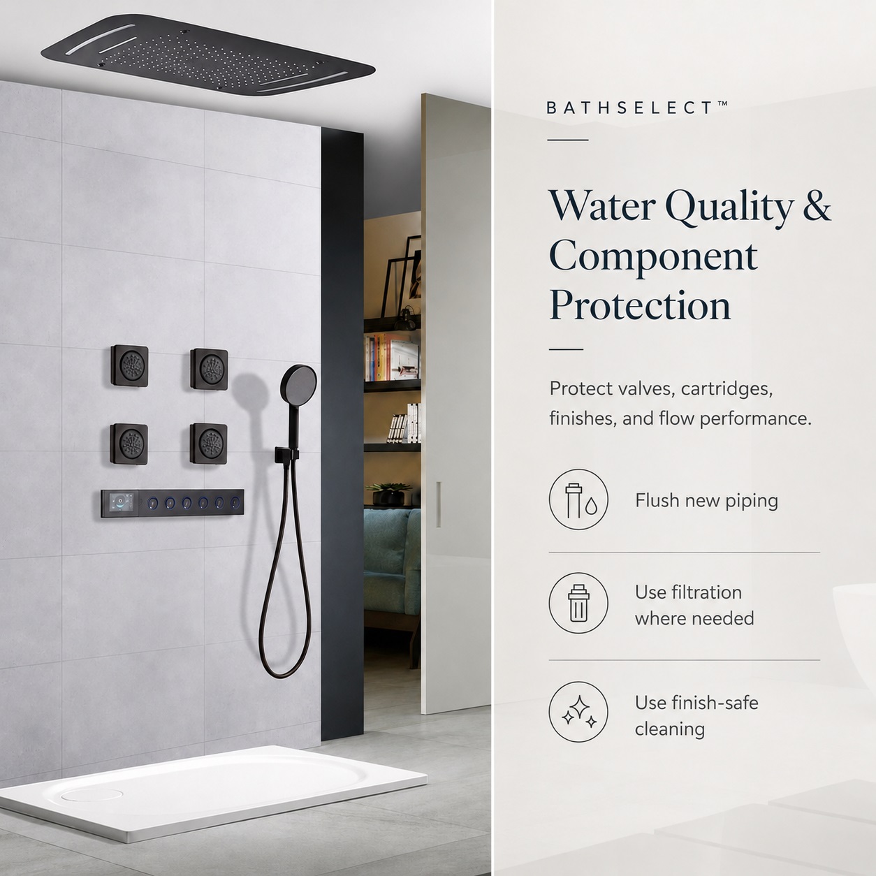Water quality filtration and scale protection for hospitality faucets and shower systems