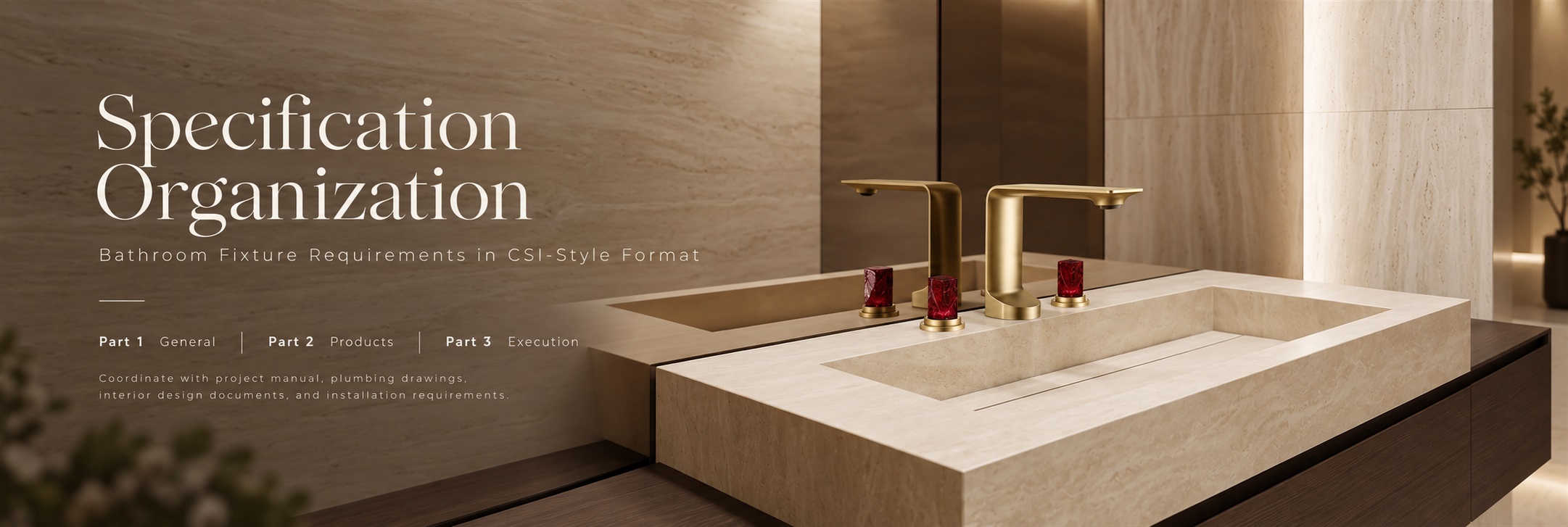 Hospitality bathroom faucet and fixture coordination for CSI three-part specifications