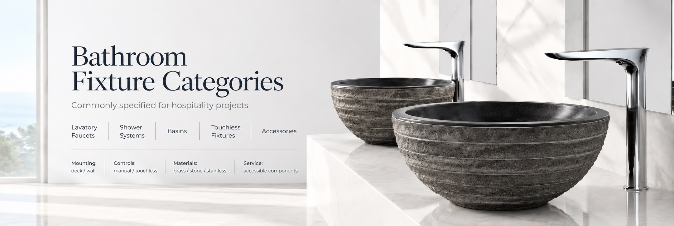 BathSelect coordinated hospitality fixture categories for guestrooms suites spas and public washrooms