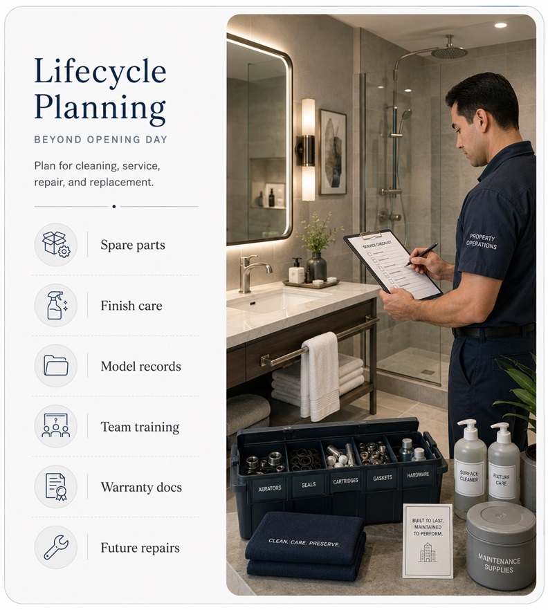 Hospitality bathroom fixture maintenance serviceability and lifecycle documentation