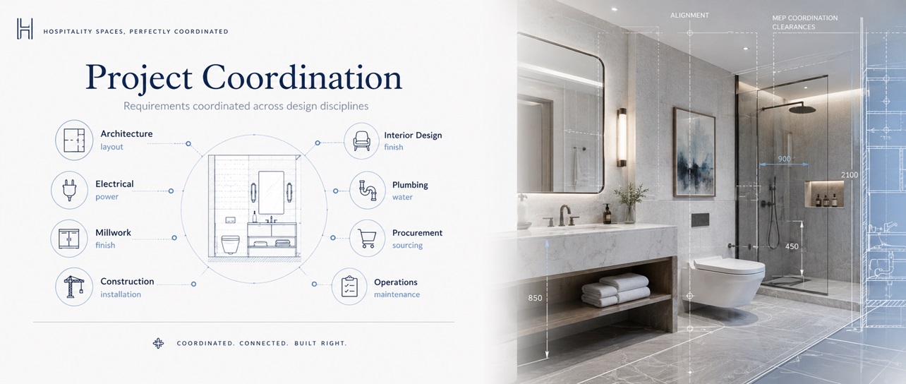 Architectural plumbing and interior design coordination for hospitality bathroom fixtures