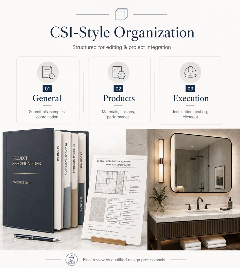 CSI-style hospitality bathroom fixture specification document organization