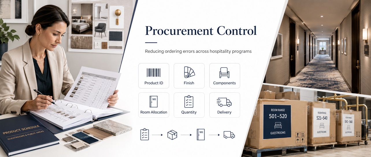 Hospitality bathroom fixture procurement schedule and room allocation planning