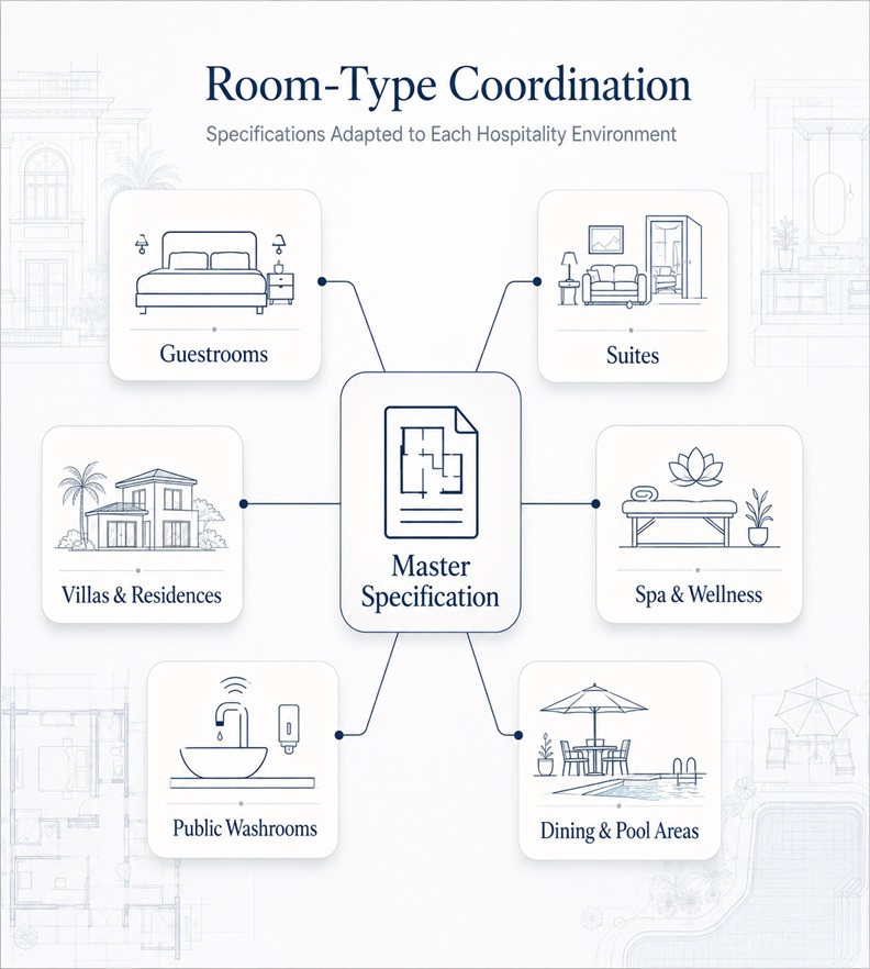Luxury hotel guestroom suite spa and branded residence bathroom fixture packages