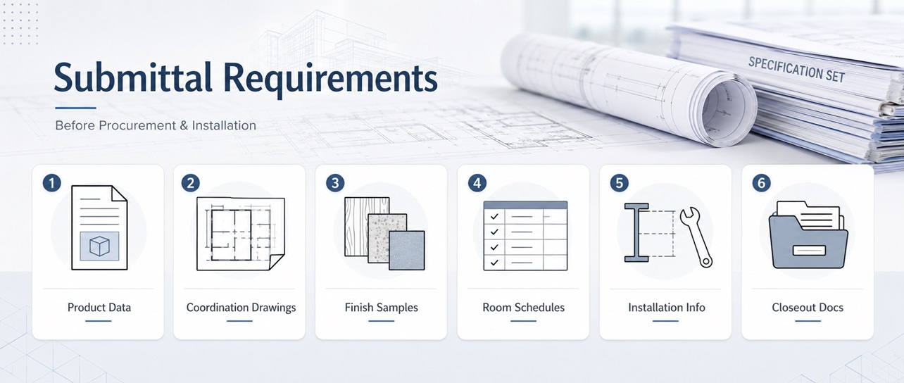 Hospitality fixture submittal package with product data finish samples and coordination drawings