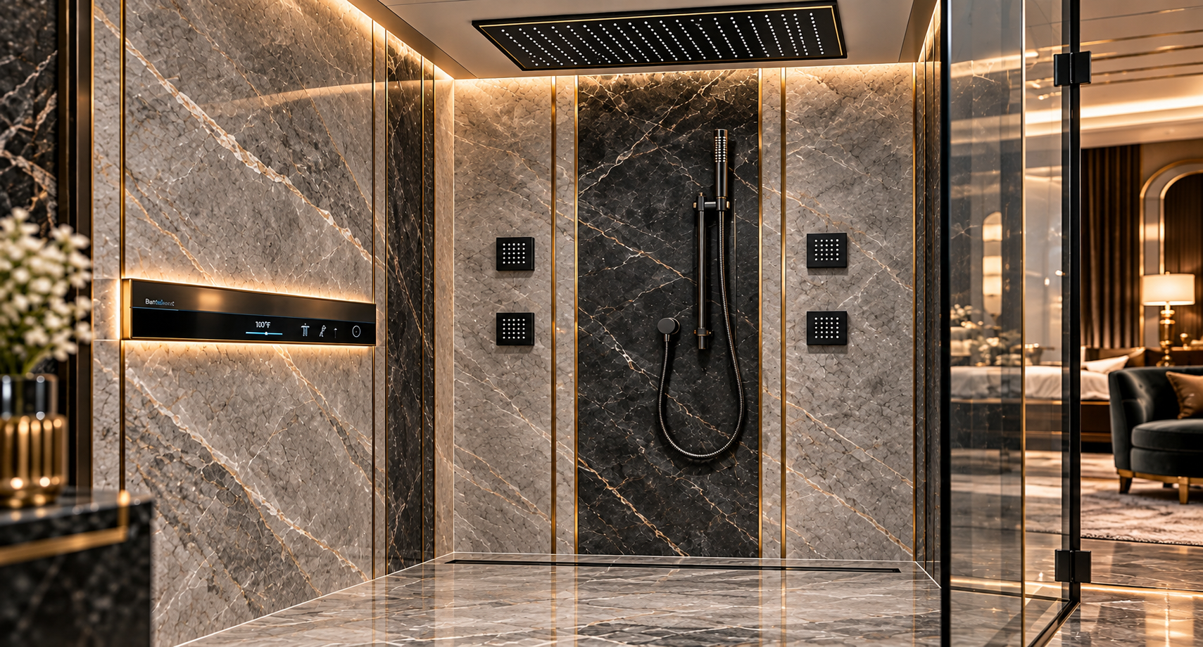 BathSelect black and gold rainfall shower system in a gray marble hotel bathroom