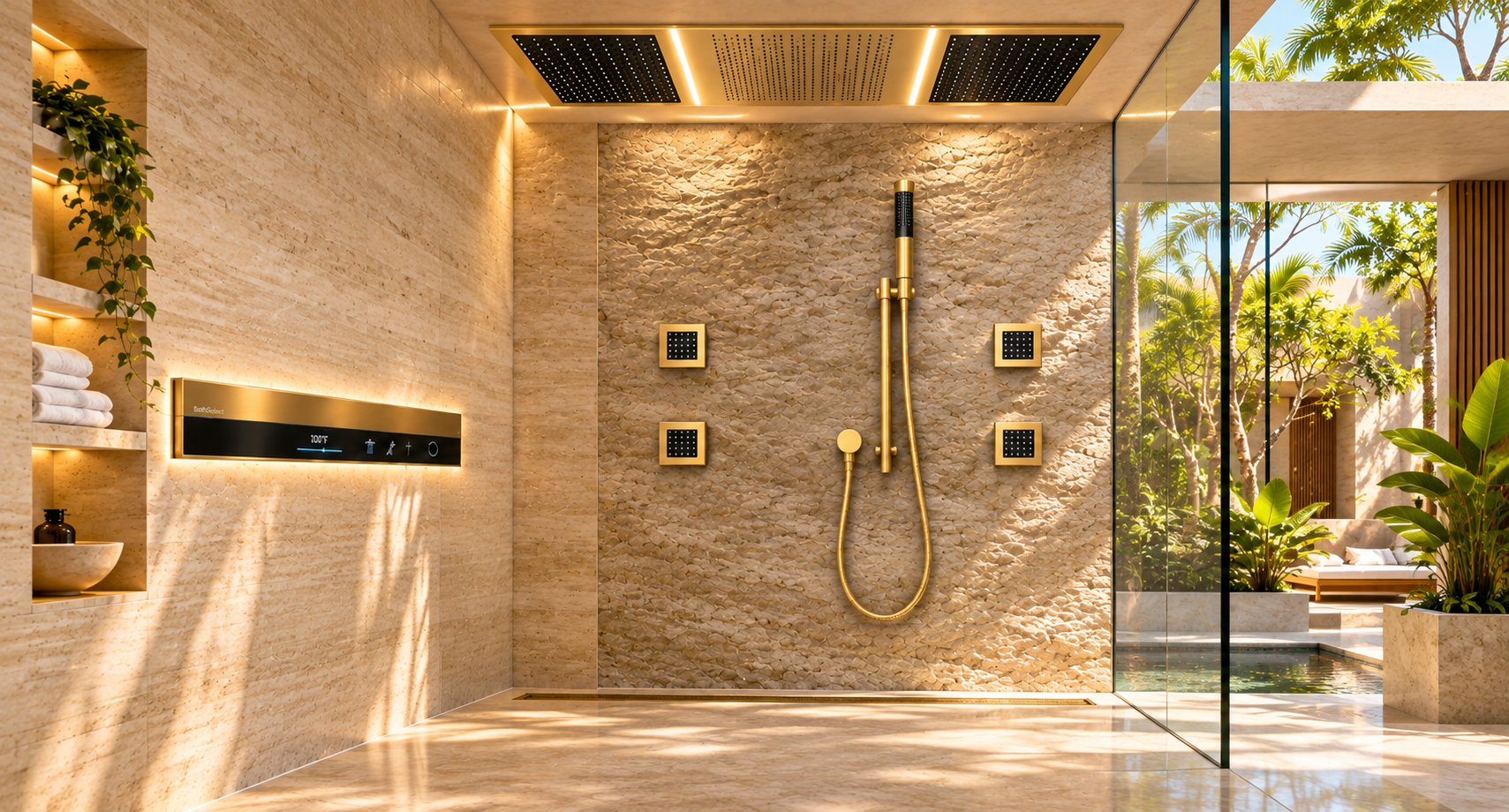 BathSelect gold LED rainfall shower and body jets in a tropical luxury hospitality suite
