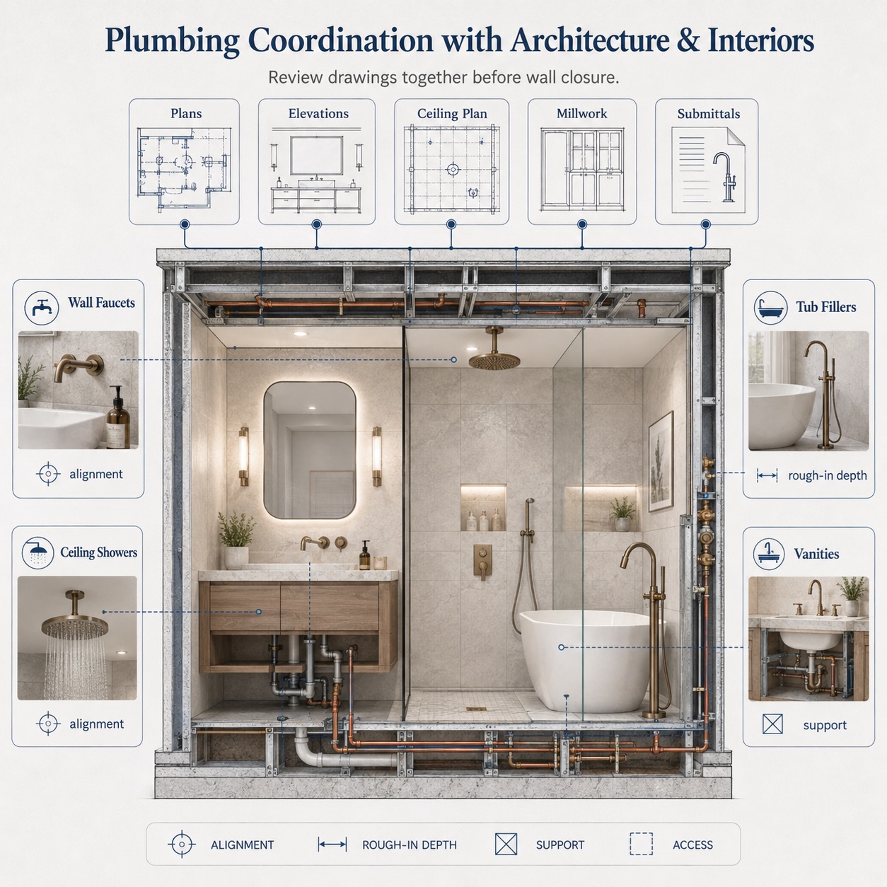 MEP architectural and interior coordination for hospitality bathroom plumbing fixtures