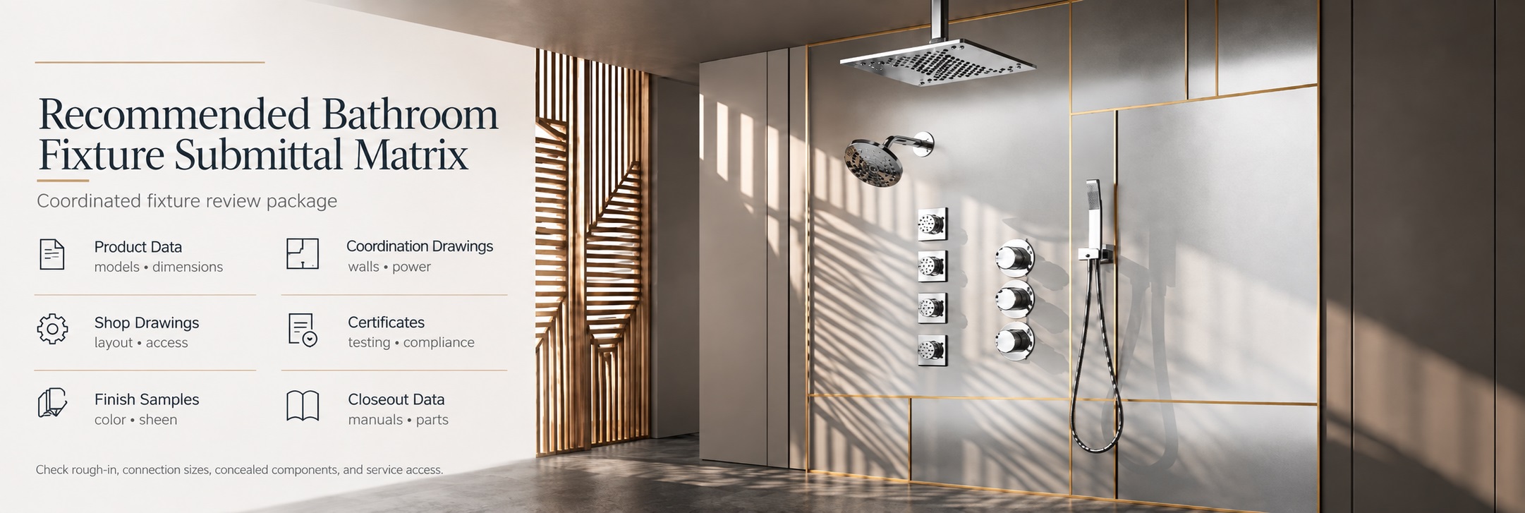 Hospitality bathroom fixture product submittal showing dimensions finishes components and installation data